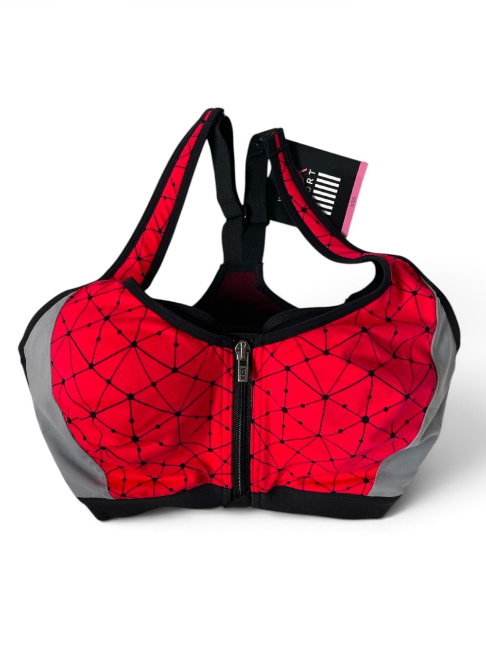 VSX Sport Knockout Sports Bra Red Gray Geometric Front-Zip | 32DD | NWT